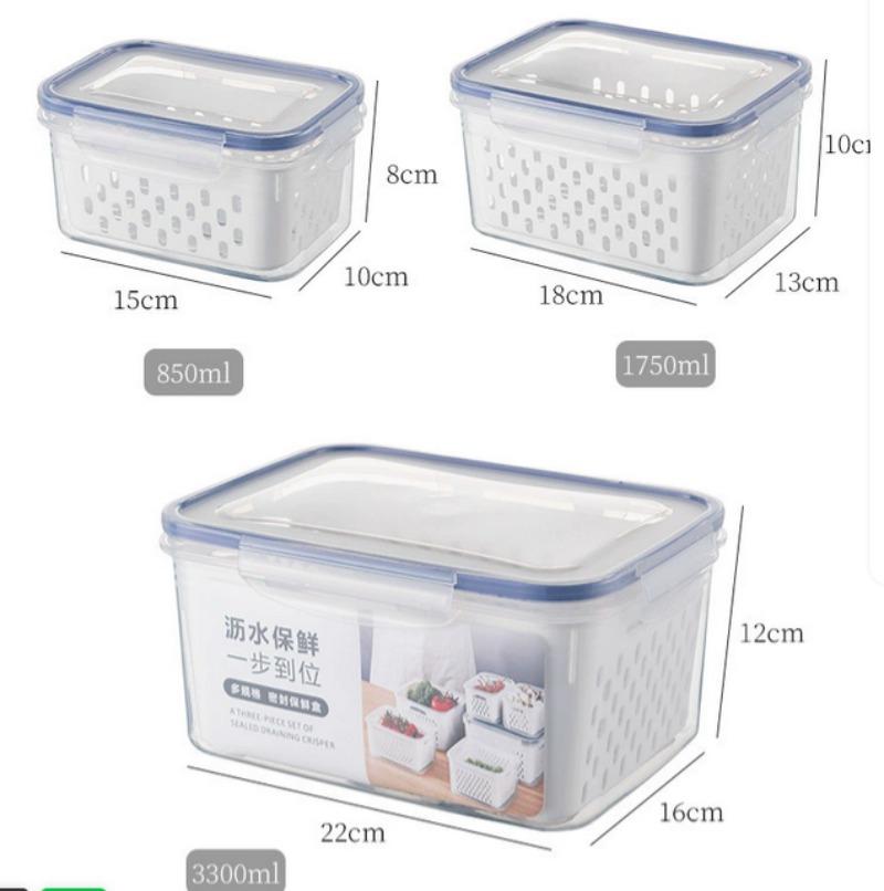 3pcs Double-Layer Drain Basket with Cover Refrigerator Fruits Vegetables Large Washing Basket Kitchen Storage Containers