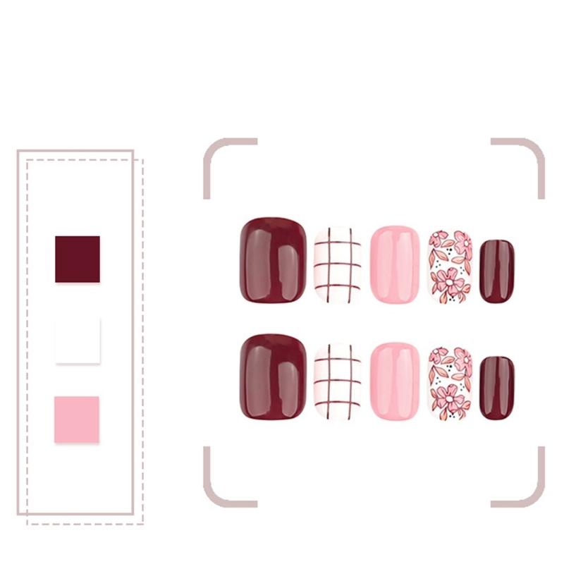 24 Stück Kurze Quadratische Falsche Nägel Blumen Künstliche Nägel Glänzend Aufkleben Nägel Gestreiftes Gitter Aufdrücknägel für Frau