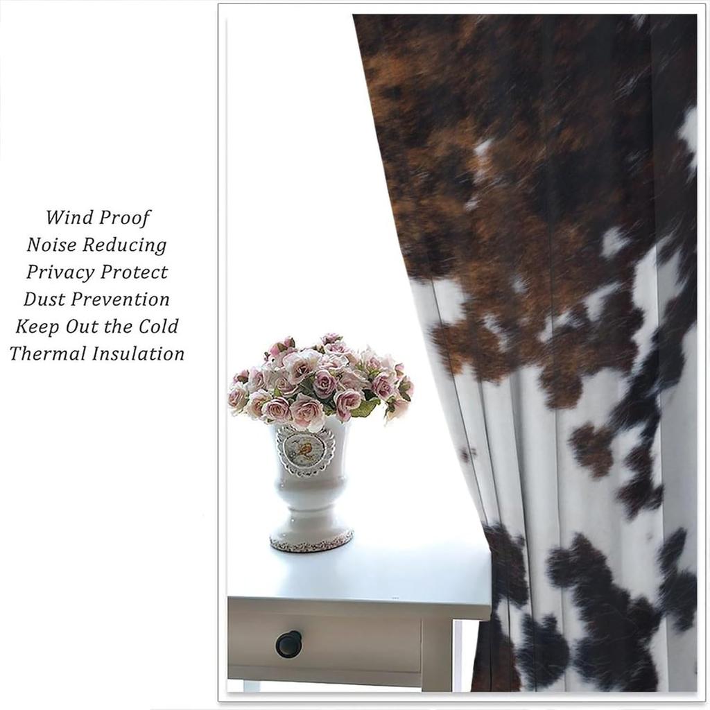 Cow Print Blackout Curtain,Brown White Cowhide Animal Fur Western Rustic Farmhouse Style Window Treatments Rod Pocket Curtain for Bedroom Living Room