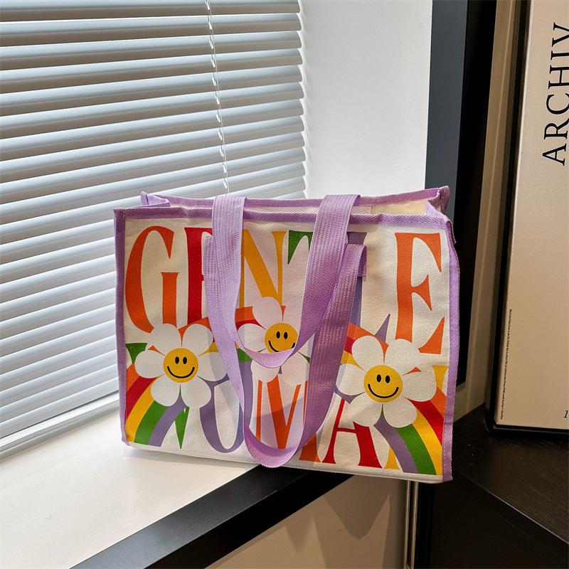 

Printed canvas tote big bag 2025 cartoon large capacity short trip shopping storage bag portable commuter big bag фиолетовый