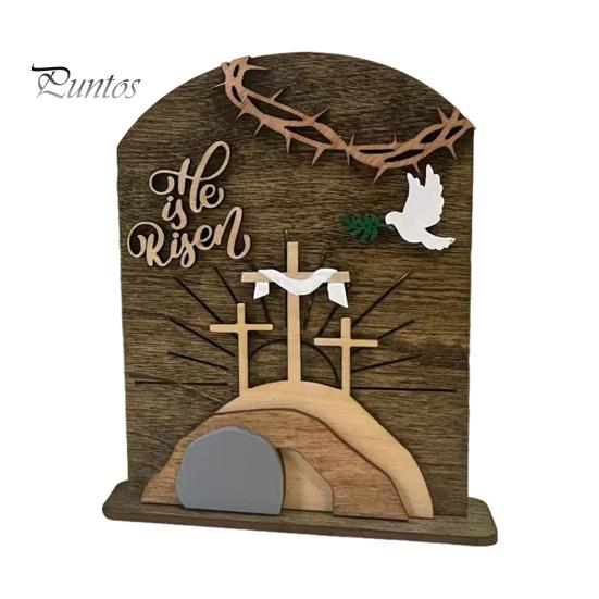 

Пасхальное деревянное украшение Он воскрес, украшение сцены воскресения, пустая гробница и крест, религиозное украшение для домашнего офиса, пасхальный декор стола