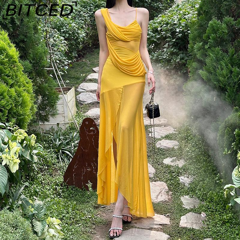 BITCED Summer Women's Solid-Colour Slim-Fit High-Waisted Fashion Strapless Sleeveless Mesh Dress