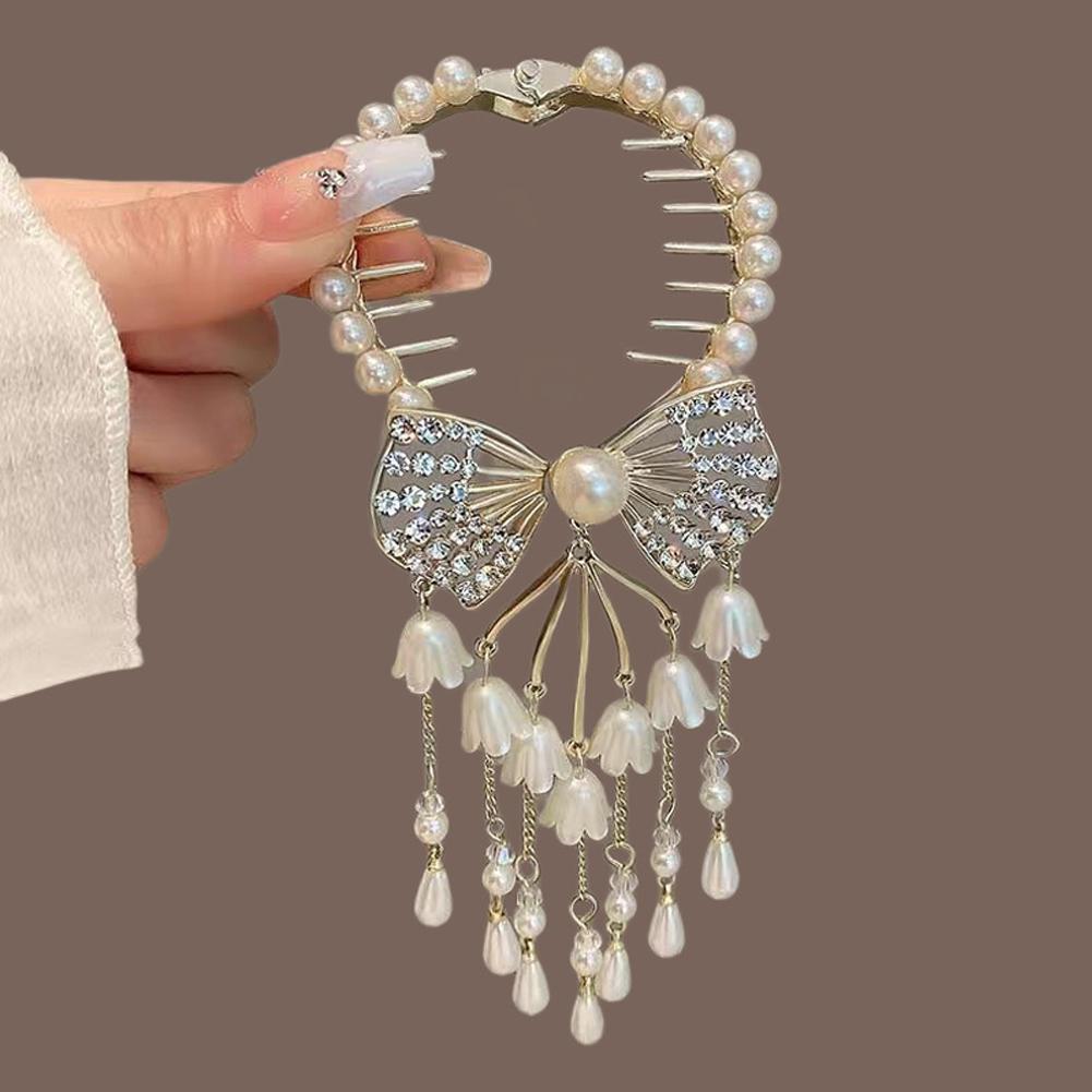 Elegant Tassel Hair Claw Rhinestone Pearl Flower Tassels Hair Clip Women Girl Ponytail Holder Hairpins Fringe Hair Accessories
