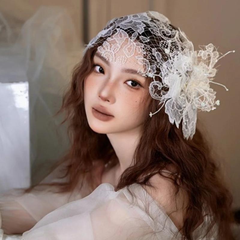 Bride Caps with Flower Pearls for Girls Balletcore 3D Flower for Pageant Prom Princess Hair Accessories Stage Props