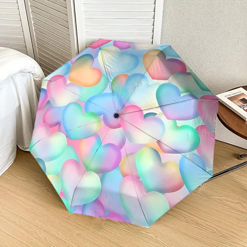 Colorful Heart Pattern Automatic Opening/Closing Umbrella with Foldable Design,Iron Frame Outdoor Rain Gear for Festivals,Travelers,Daily