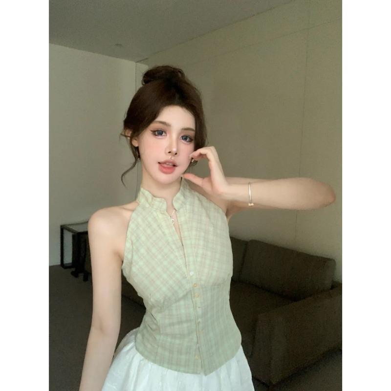Women's Mint Plaid Halter Top Sleeveless Button Down Slim Fit Crop TopSolid color