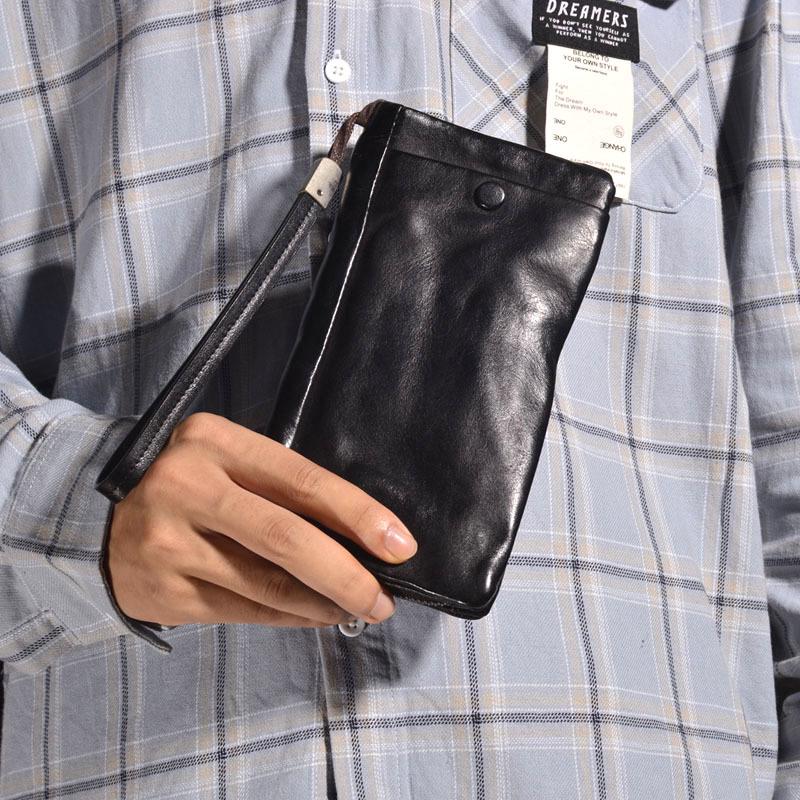 Retro Pleated Genuine Leather Long Wallet with Card Slots and Bill Compartments