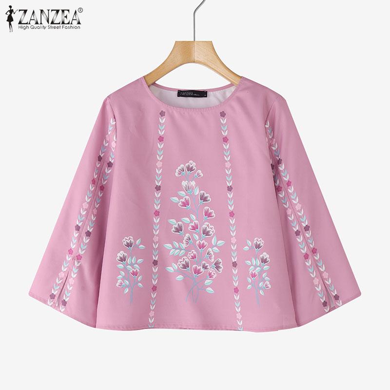 ZANZEA Blusa holgada casual para mujer con estampado floral, cuello redondo, abertura y manga 3/4