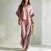 Women's Color Block Striped Dolman Sleeve Polo Shirt & Wide Leg Pants 2 Piece Set