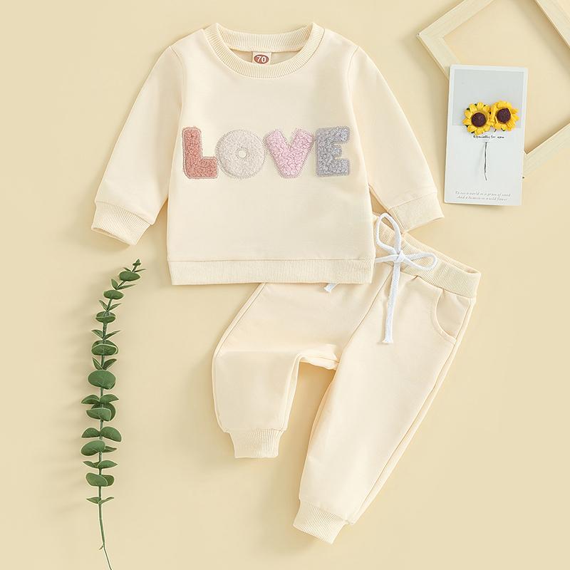 Baby 2 Piece Cute Outfit Plush Letter Embroidery Long Sleeve Sweatshirt and Elastic Pants Set for Infant Fall Clothes