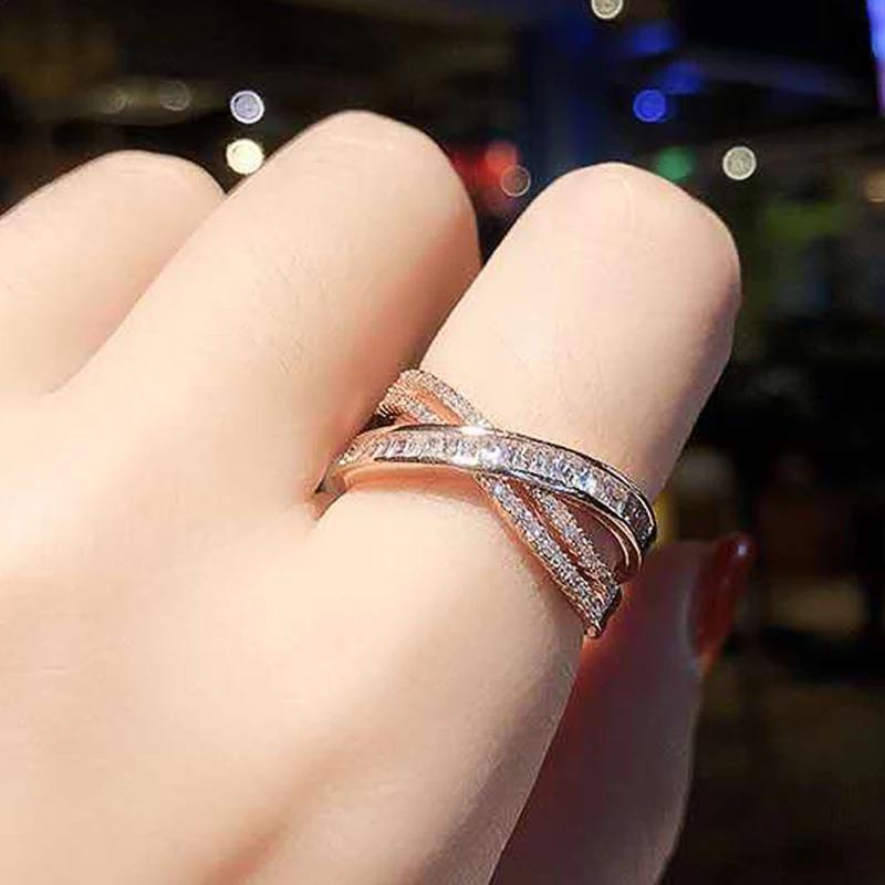Huitan Bright Cross Rings Female Charming Delicate Sparkling Cubic Zircon Finger Accessories Modern Gorgeous Jewelry for Party