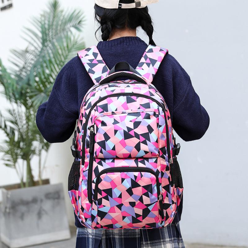 Modischer Rucksack mit geometrischem Druck für Grundschüler, Mädchen, Teenager, leichte Nylon-Schultasche, tragbarer Laptop-Rucksack