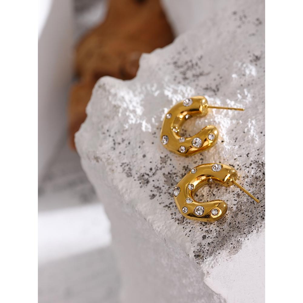 Yhpup Stainless Steel Unusual Earrings Delicate Cubic Zirconia Geometric Chunky Stud Earrings for Women Boucle D'Oreille Femme