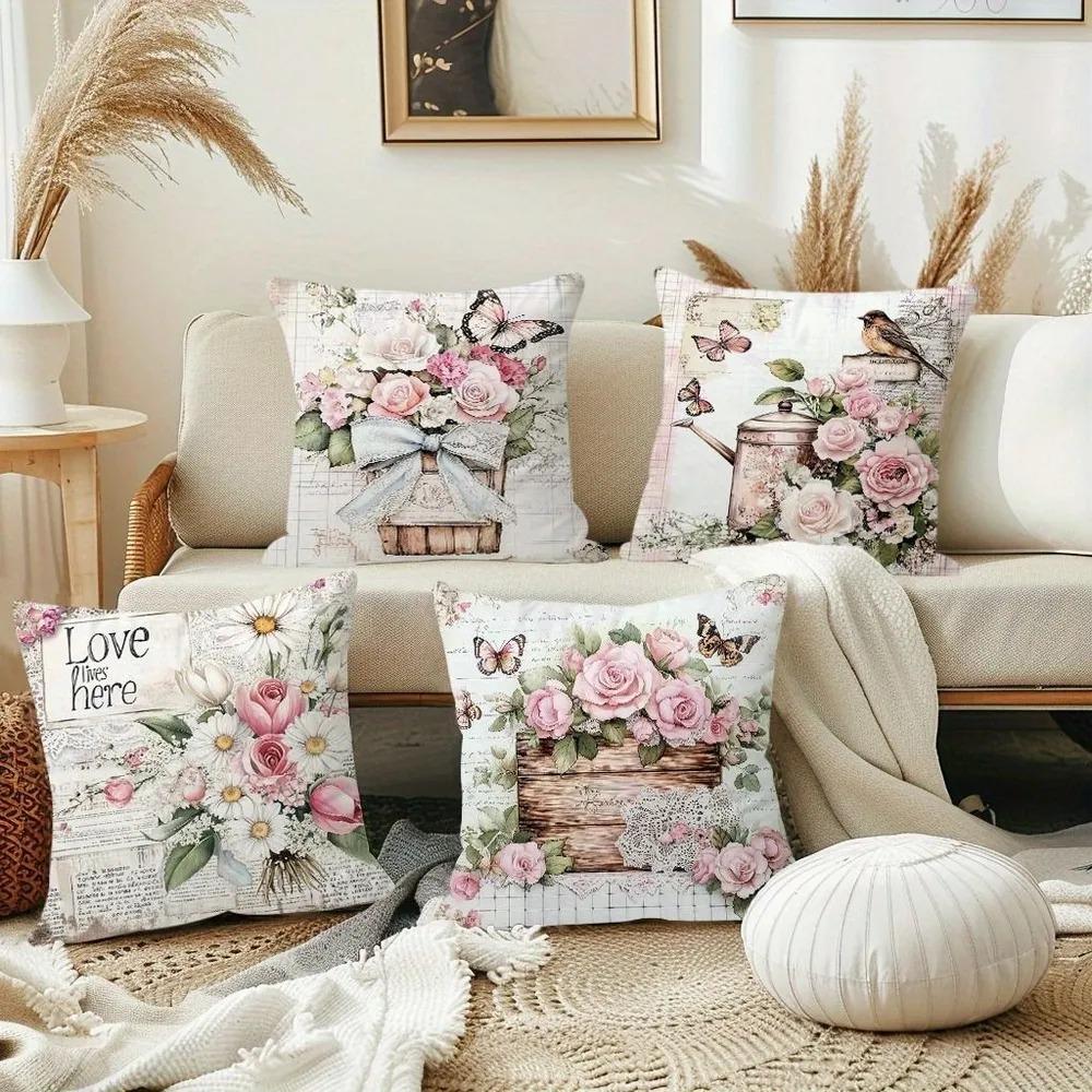 Vintage Floral Boho Farmhouse Pillow Covers Pink Roses Daisies Hydrangeas Decorative Cushion Covers For Sofa Bedroom Home Decor