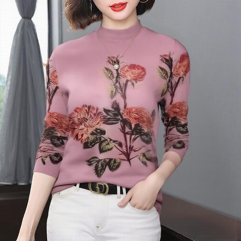 Women's Floral Print Fleece-Lined Slim-Fit Top with Semi-High Collar and Long Sleeves – Ideal for Middle-Aged and Elderly Moms.