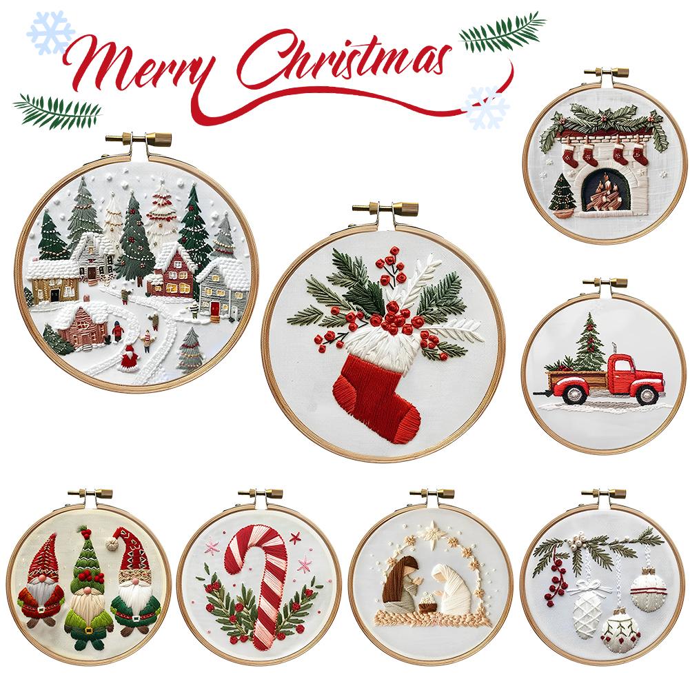 Christmas Cross Stitch Set Includes Hoop Cloth Threads Cross Stitch Embroidery Kit Handmade Sewing Art Craft Kit for Beginners