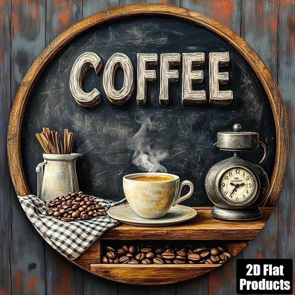 Vintage Round Metal Coffee Shop Sign, 2D Wall Art for Kitchen Cafe Home, Rustic Retro Bar Decor, Great Holiday Gift