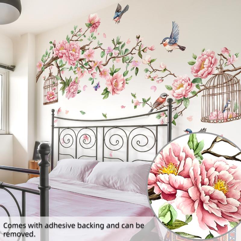 Creative Tree Branch, Bird, And Peach Blossom Wall Stickers For Living Room And Bedroom Decoration