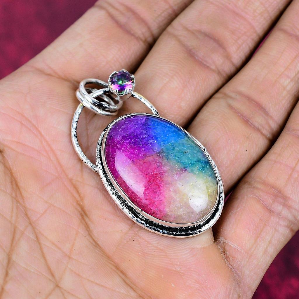 Regenbogen-Solarquarz & Mystischer Topas Anhänger, 925 Sterling Silber Anhänger Schmuck. Geschenk für Frauen, handgefertigter Anhänger, Edelsteinschmuck