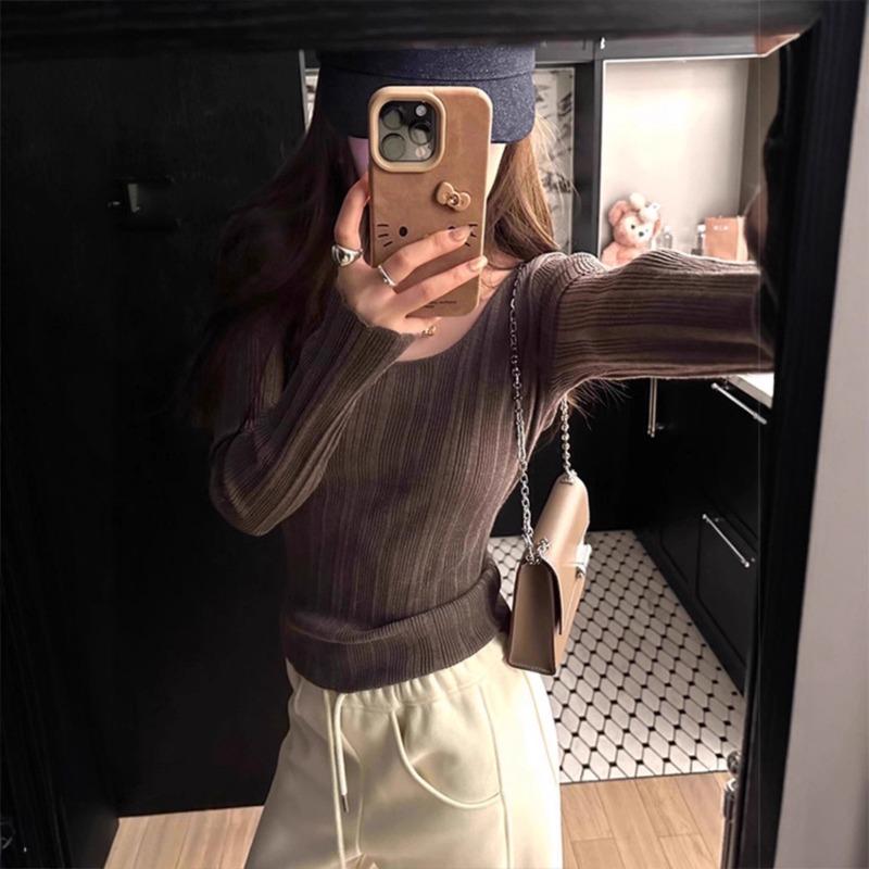 Versatile Simple Solid Color Knitted Slim-fitting Long-sleeved Shirt Women's Early Autumn New Skin-friendly Bottoming Shirt Top