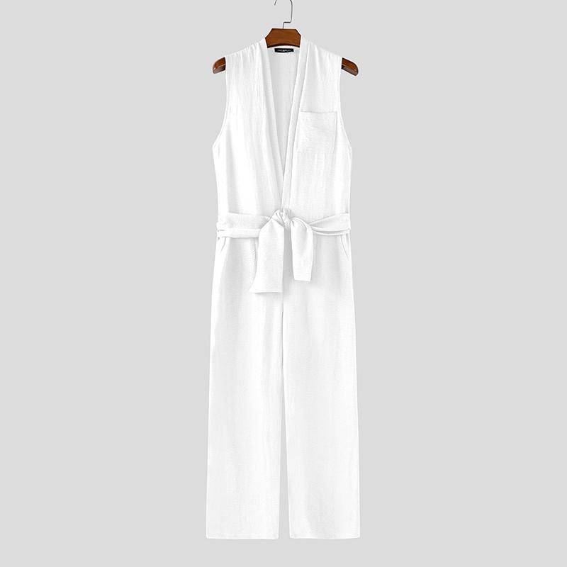 

INCERUN Men s Sleeveless Deep V Neck Long Dungarees Straight Jumpsuits Overalls M белый