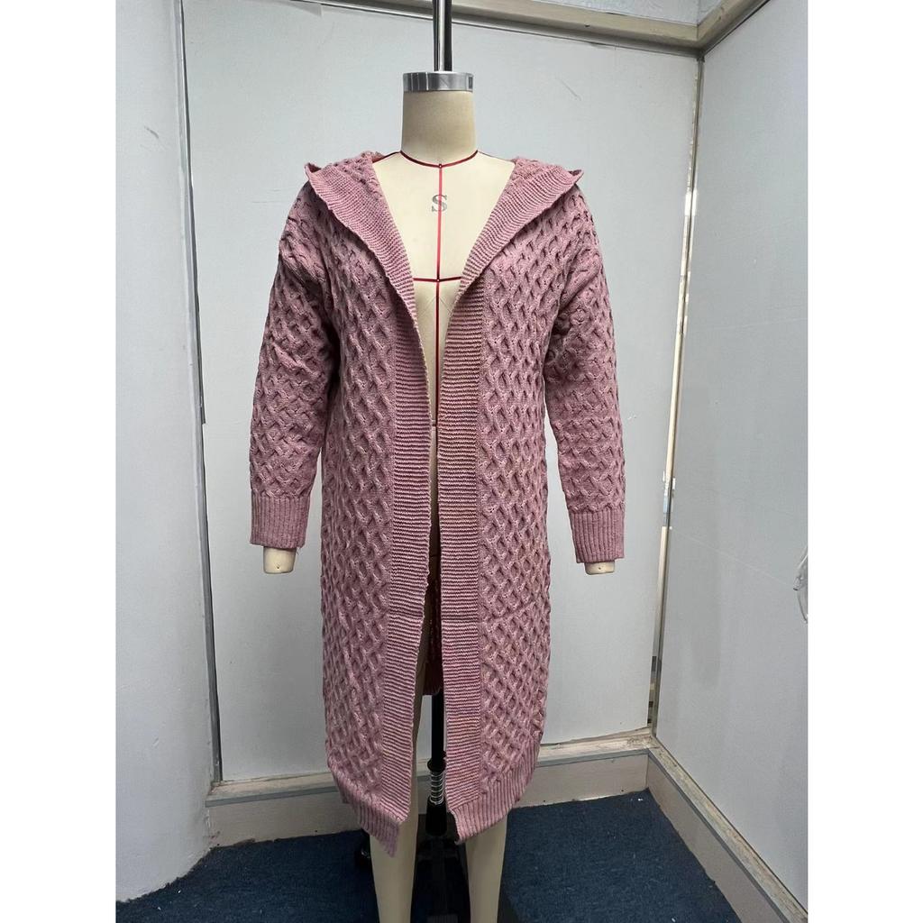 Autumn Winter Women's Long Cable Knit Hoodie, Plush Ribbed Open Front Cardigan with Warm Fleece Lining, Oversized Sweater Coat for Casual Comfort