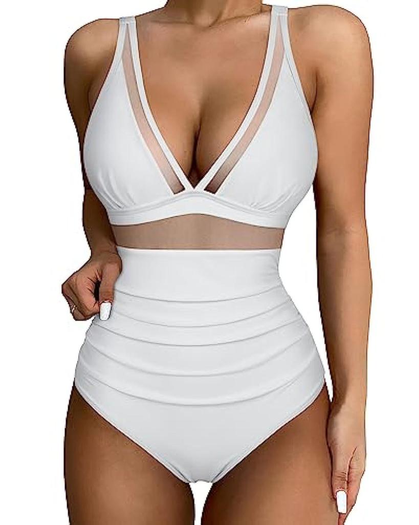 European & American Sexy Mesh Deep V One-Piece Swimsuit for Women