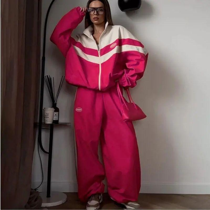 Two Piece Pants Set Sports Style Contrast Color Set Lapel Long Sleeve Outerwear Loose Trousers Two-piece Set