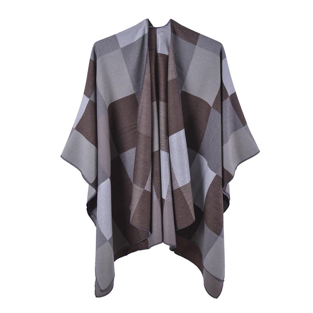 Autumn & Winter Women's Double-Sided Plaid Shawl Scarf - Imitation Cashmere, Multifunctional with Slit Design.