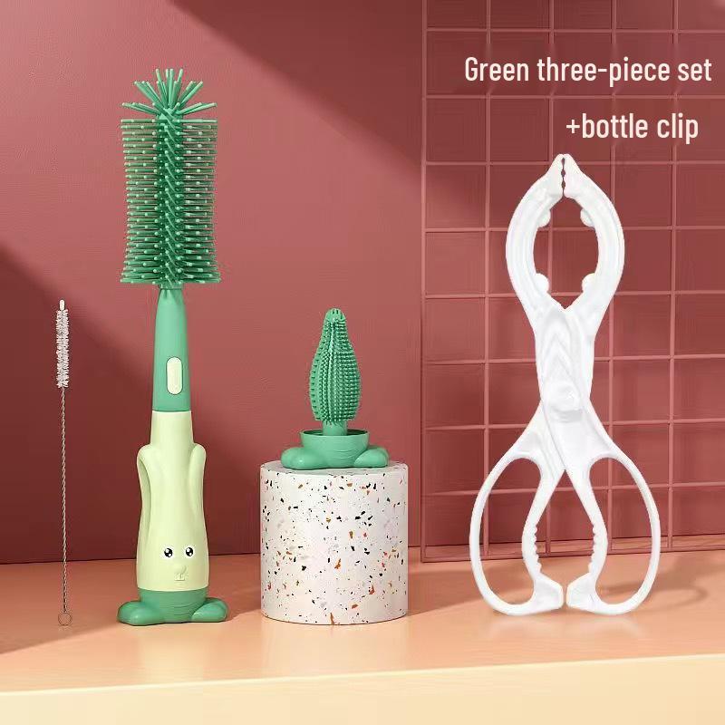 Rotating Silicone Baby Bottle, Nipple, & Straw Cleaning Brush Set