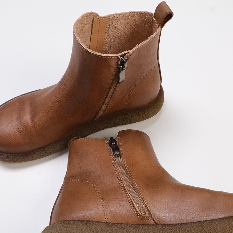 Johnature Genuine Leather Women's Short Boots Retro Side Zipper Round Toe Flat Chelsea Boots