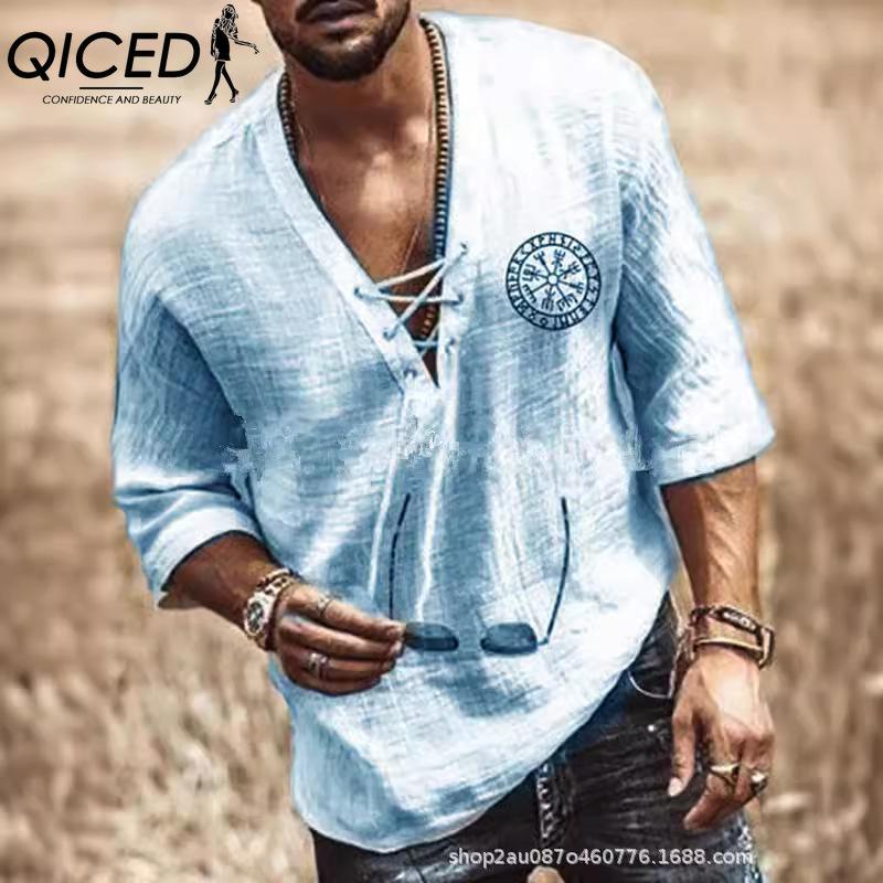 

Футболка с коротким рукавом из хлопка QICED, мужская модная свободная рубашка с коротким рукавом и принтом «Сострадательная рубашка» XS светло-синий