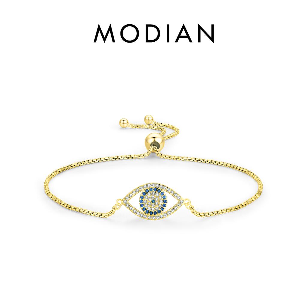 MODIAN Pure 925 Silver Luxury Turquoise Blue Eyes Clear Cubic Zircon Crystal Link Chain Bracelet For Women Fine Jewelry