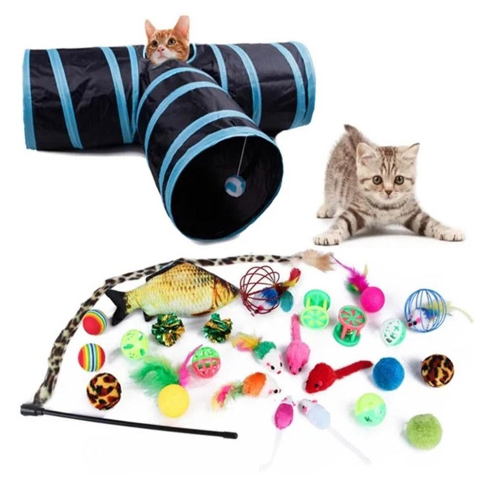 

27Pcs/Set Cat Toys Set with T-Shaped Black Tunnel Interactive Cat Toy Feather Fish Mouse Crinkle Balls A
