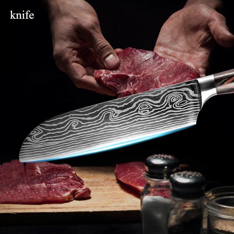 5PCS Chef's Knife Japanese Knife Bread Knife Slicing Knife Fruit Knife Color Wood Handle Kitchen Knife Set and Storage Bag