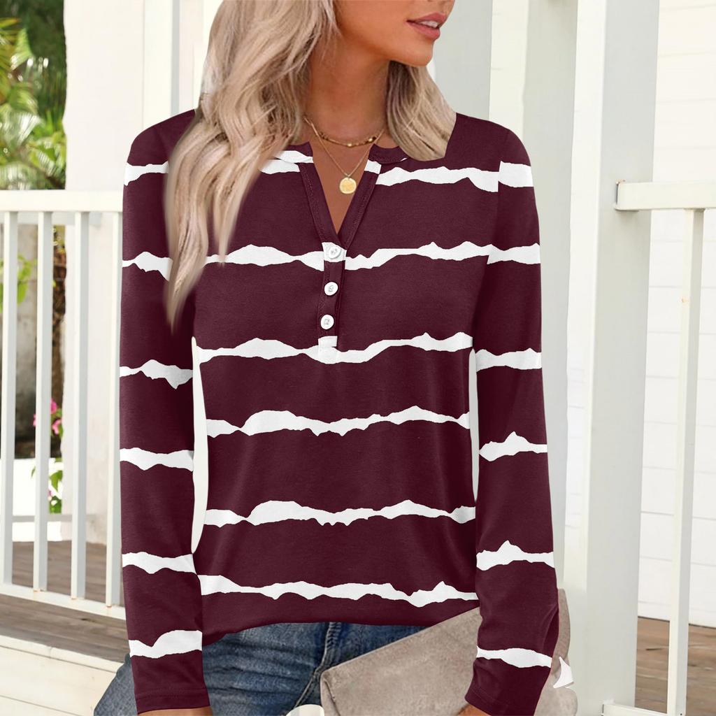 Women's Casual And Fashionable T-shirt With Plaid And Striped Print, Round Neck And Long Sleeves.