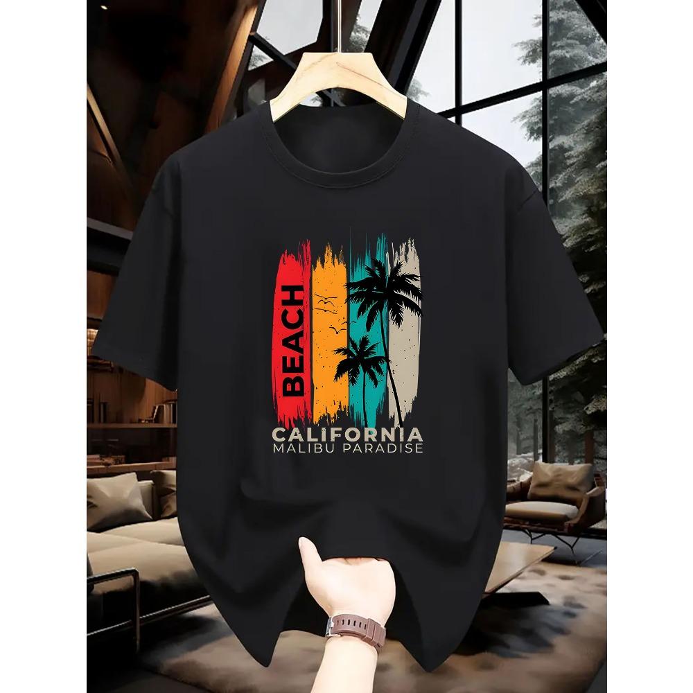 

Men s California beach-patterned T-shirt soft daily short-sleeved shirt loose black street style top with Malibu Paradise print S