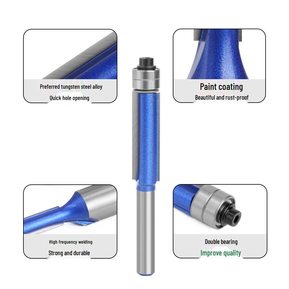 Shimmering Silver Blue Woodworking Double-Edge Trimmer with 6/6.35 Shank & Double Bearing Bakelite Milling Cutter
