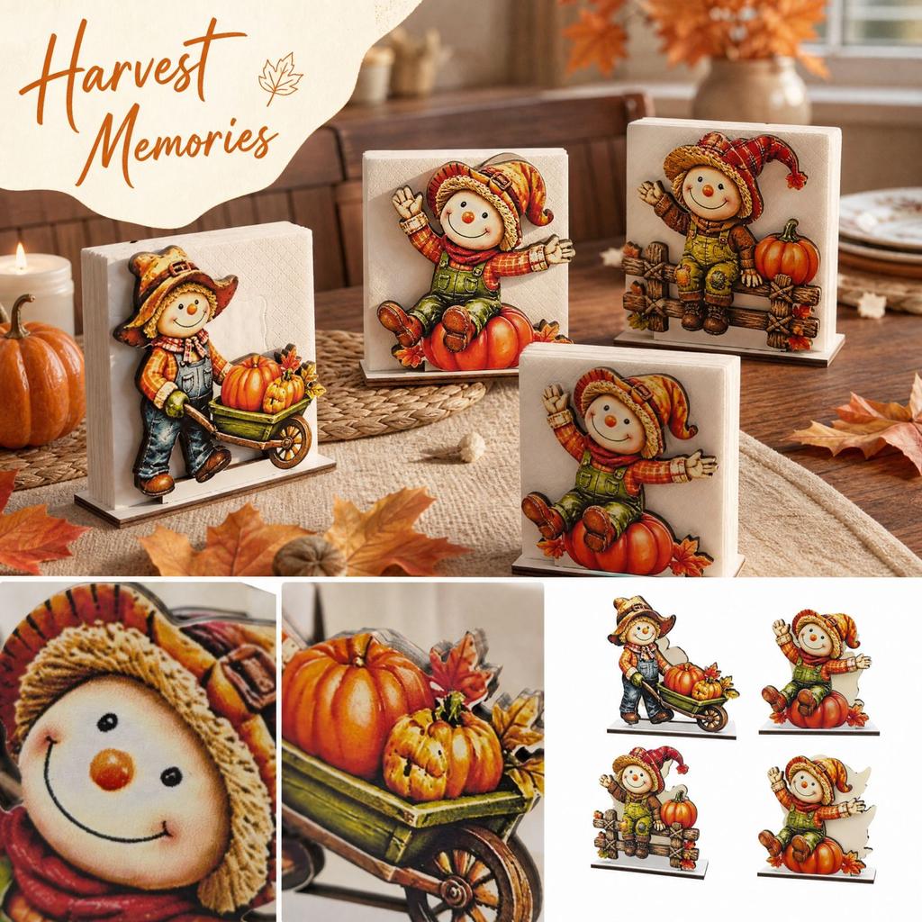 Wooden Napkin Holder with and Pumpkin Design, Thanksgiving Fall Tabletop Decor for Dining Room