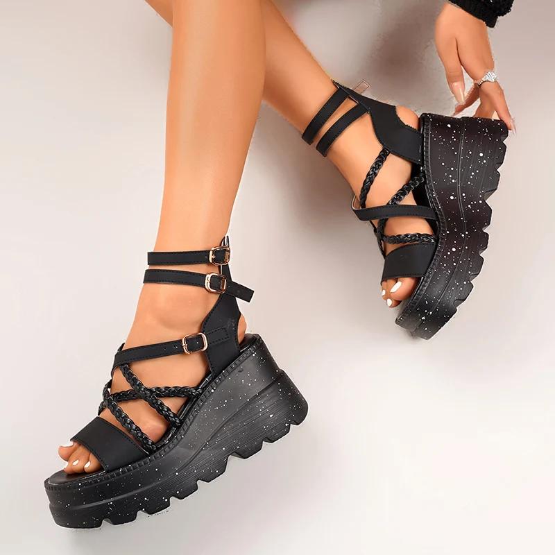 Fashion Cross Band Chunky Platform Sandals Women 2025 Summer Thick Sole Wedges Rome Sandles Woman Super High Heel Gladiator Sandalias 43