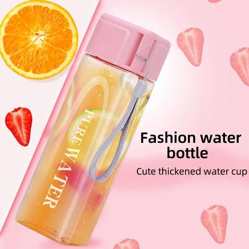 450ml,1pcs Clear Square Drinking Glass In Mate Plastic, Portable Water Bottle with Milk Cable for Outdoor Sport