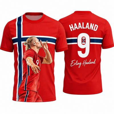 Unisex Koszulka Piłkarska Erling Haaland #9 Norwegia Rysowany Ręcznie Portret Nadruk Flagi Norwegii Krótki Rękaw Oddychająca Szybkoschnąca Piłka Nożna