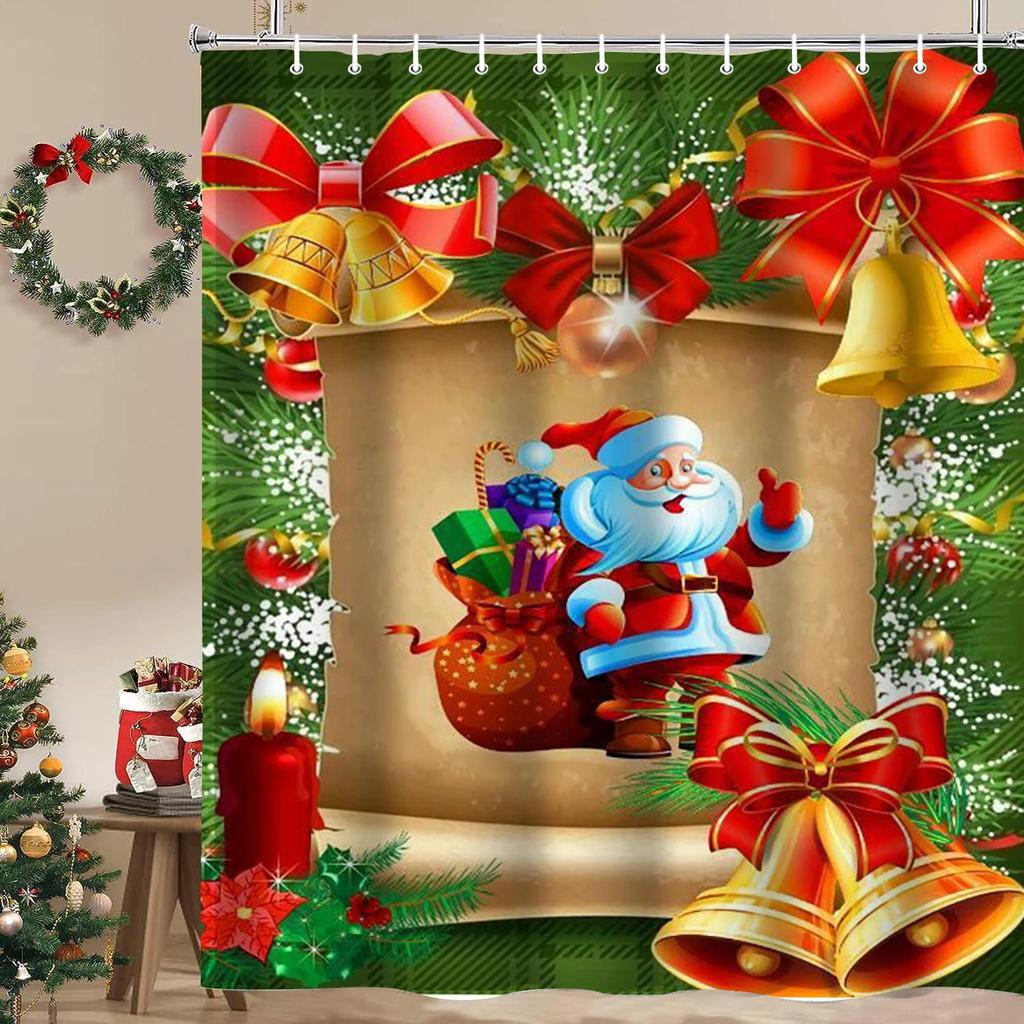 Christmas Tree Stocking Bells Print Bathing Curtain  Bathroom Shower Curtain With 12 Hooks Bathroom Home Decor and Accessories