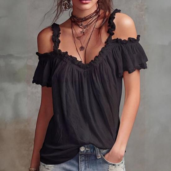 Women Tops Shoulder Straps Design Off Shoulder Ruffle Collar T-shirt Pure Color Loose Fit Short Sleeve Summer Tops