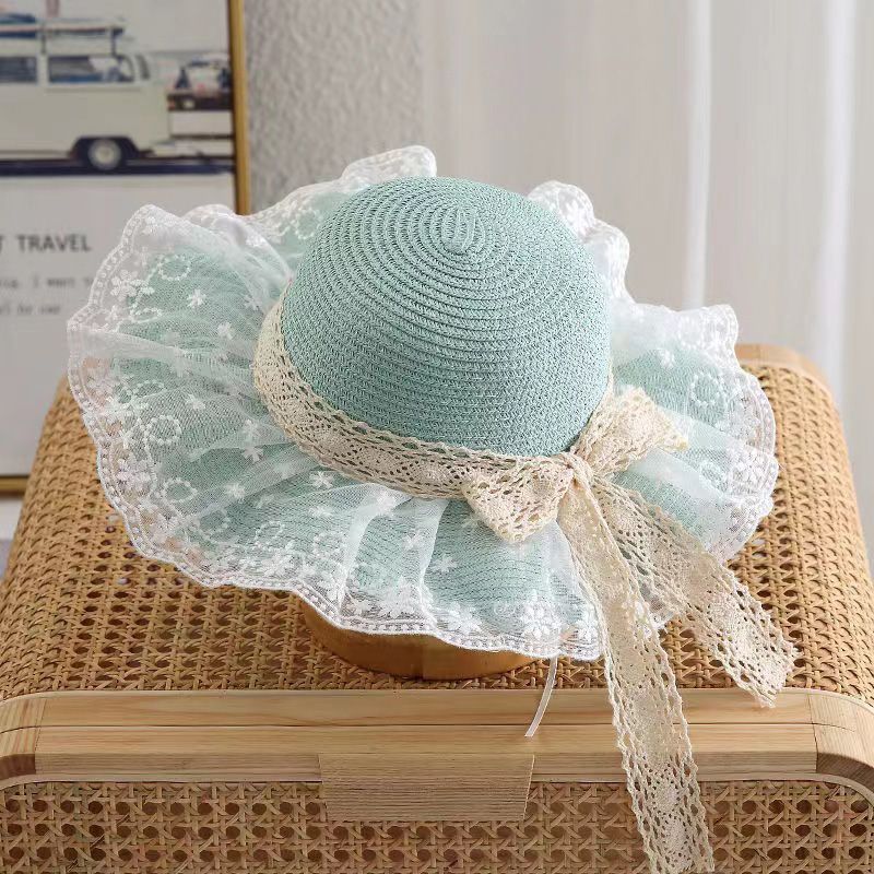 Chapeau de Paille d'Été pour Bébé Fille Couleur Unie Dentelle Volant Chapeau de Pêcheur pour Enfants Casquettes de Plage d'Extérieur Pare-soleil Chapeaux Bob à Large Bord