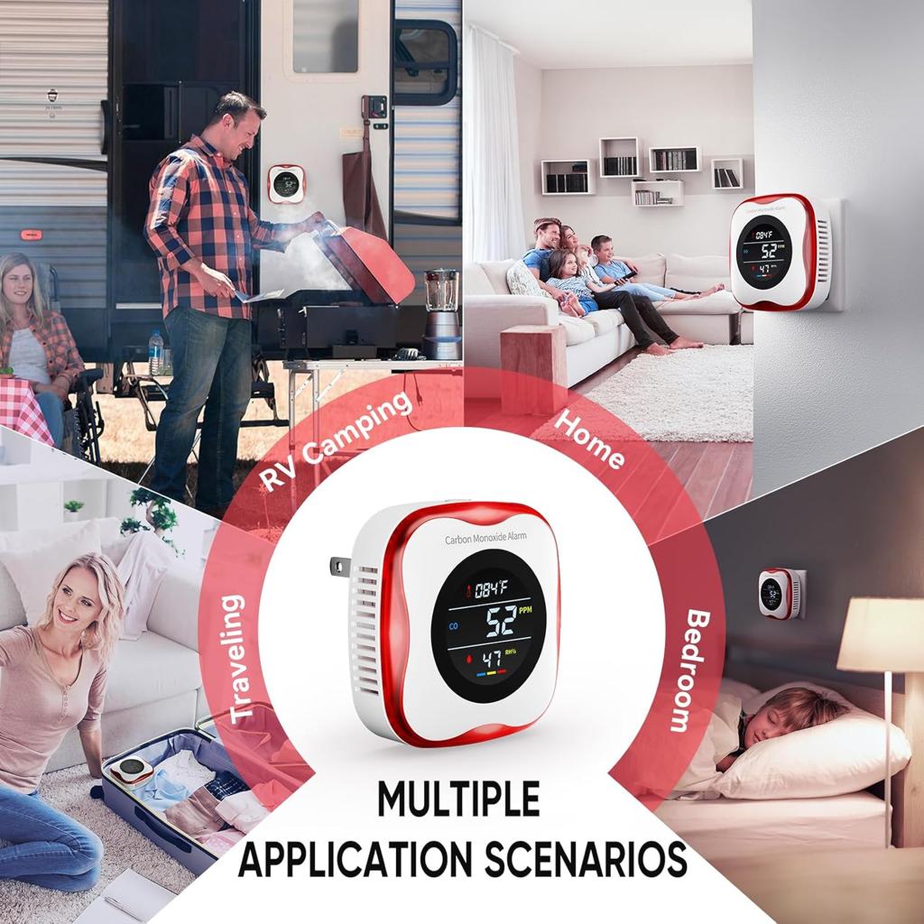 Carbon Monoxide Detectors Plug In, 3-in-1 Carbon Monoxide Monitor with Temperature & Humidity Display, Compact CO Alarm for Home, RV & Travel Safety