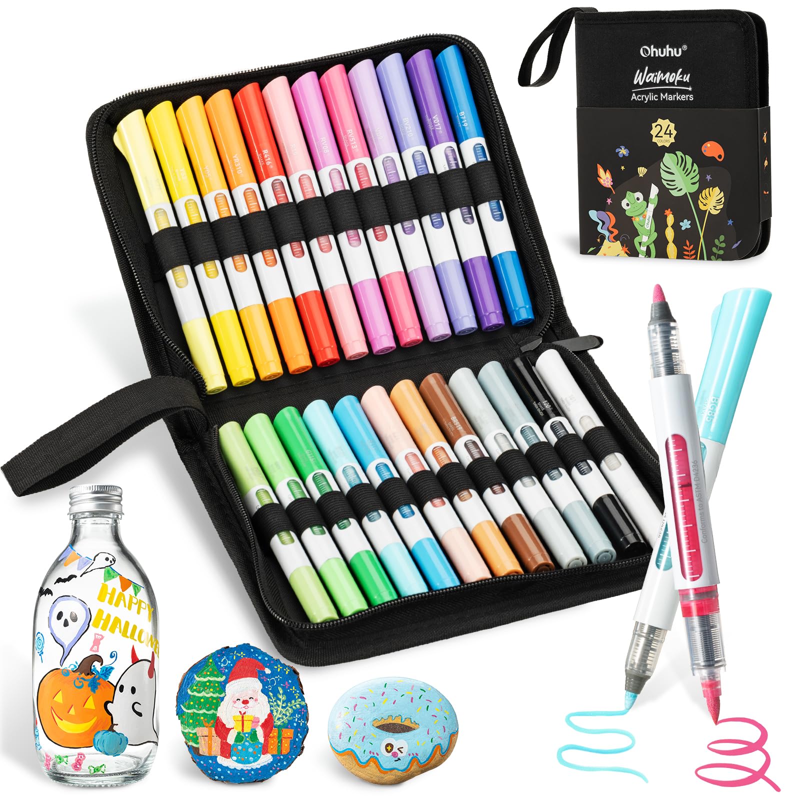 

Ohuhu Acrylic Markers, Brush Type, 24-Color Set, Brush & Round Tip, Direct Ink Flow, Twin-Type Acrylic Pens, Opaque Water-Based Pens, Paint Markers fo