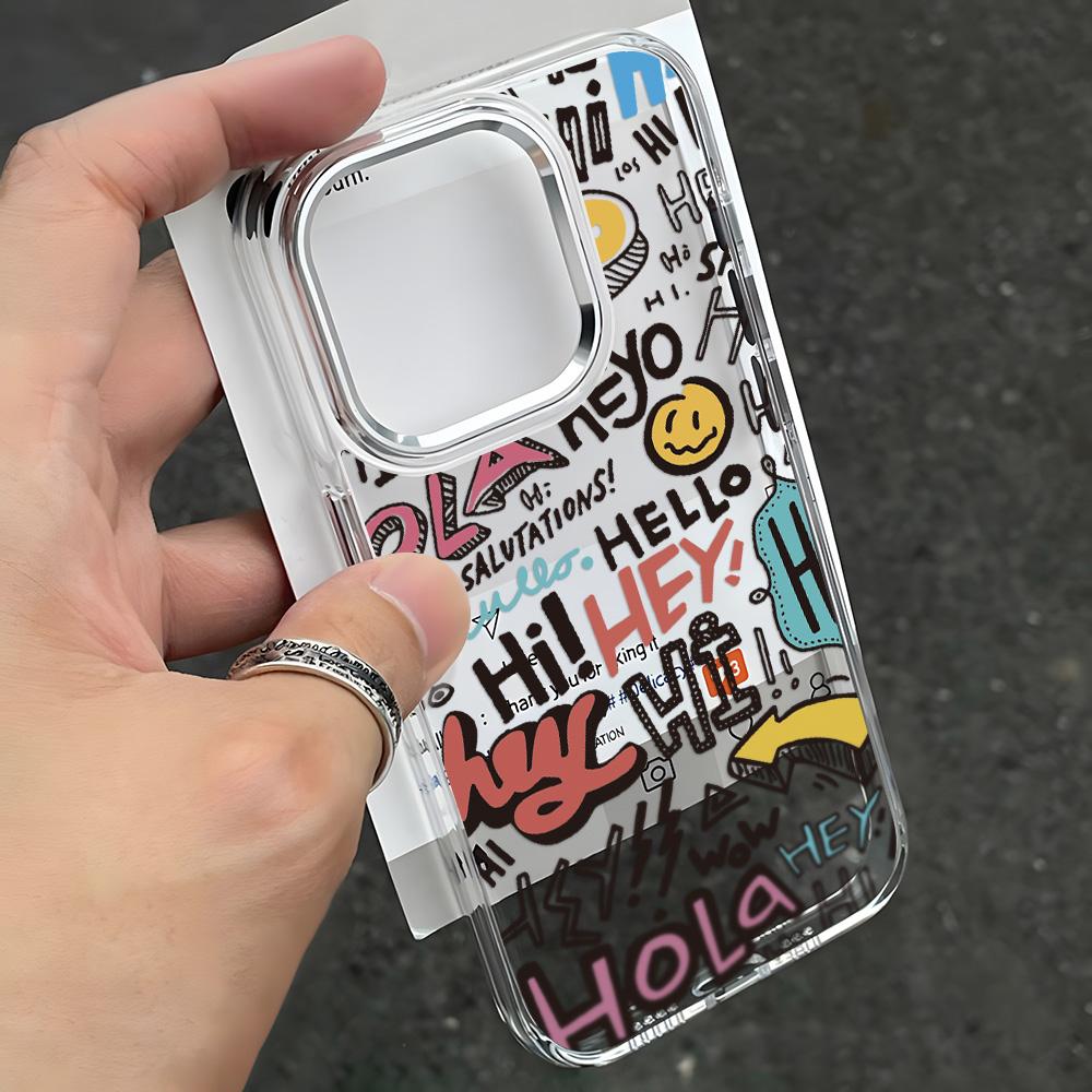 Cartoon Travel Graffiti Phone Case For iPhone 17 Pro Max Air 16 15 Pro 14 13 12 11 Shockproof Silicone Cover Silver Lens Frame