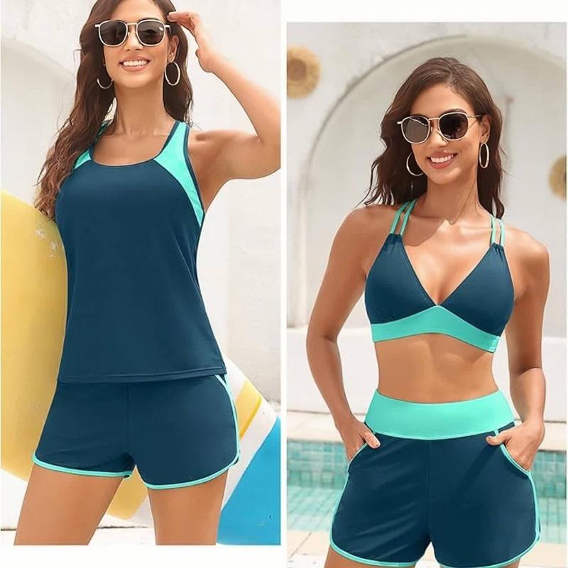 Costume da Bagno Intero a Tre Pezzi da Donna con Tasche Design Incrociato Bellissimo Dorso Bikini Boxer Costume da Bagno Sportivo