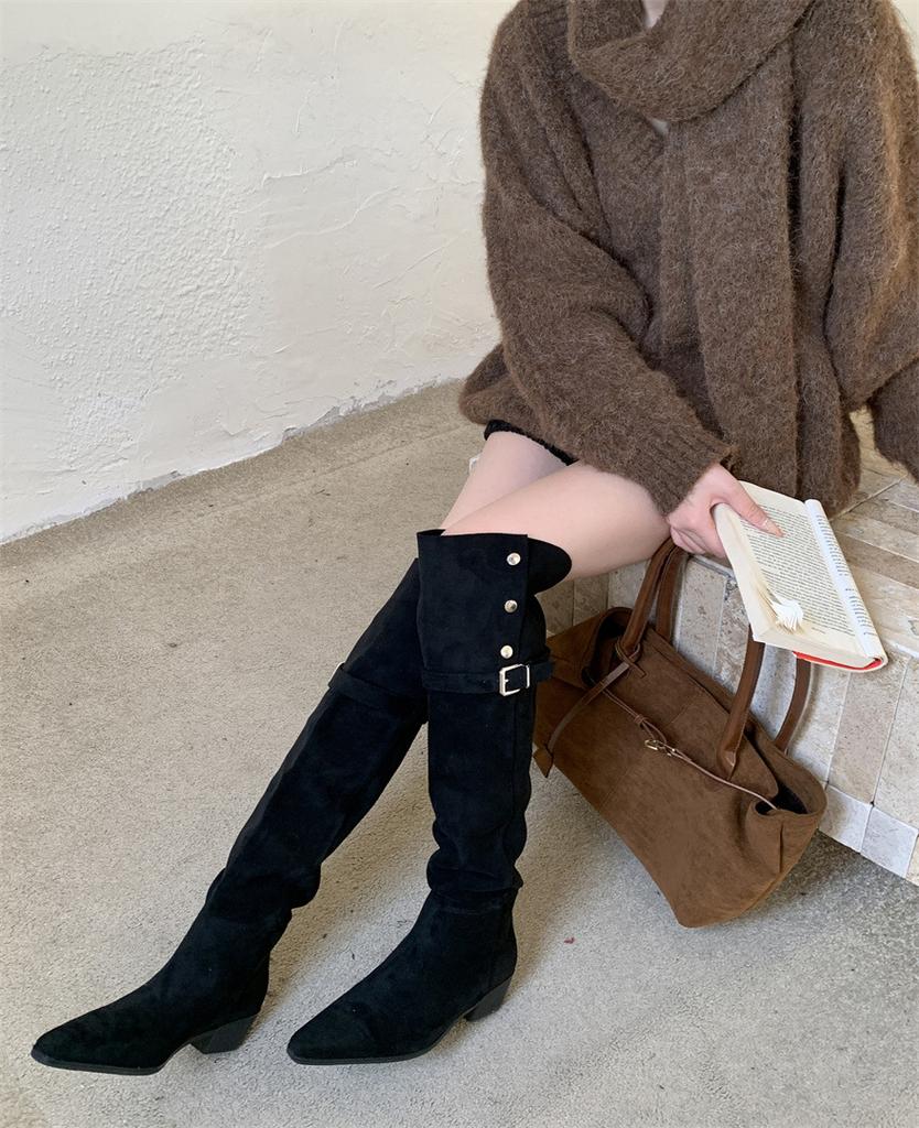 2025 autumn and winter new belt buckle pointed thick heel medium heel boots high boots casual suede over knee boots 2 wear type